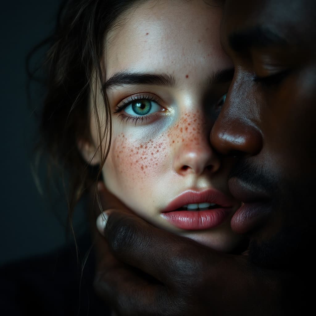 AI generated: /imagine close-up portrait, young white European woman with light freckles and green eyes, melanchol...