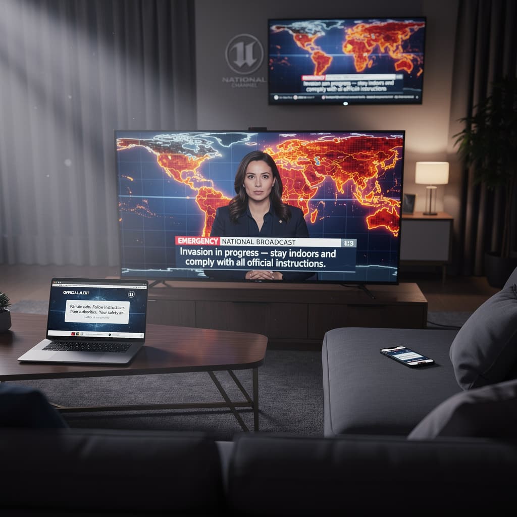 AI generated: Create a visual, show television and internet broadcast giving instructions of an invasion and telli...