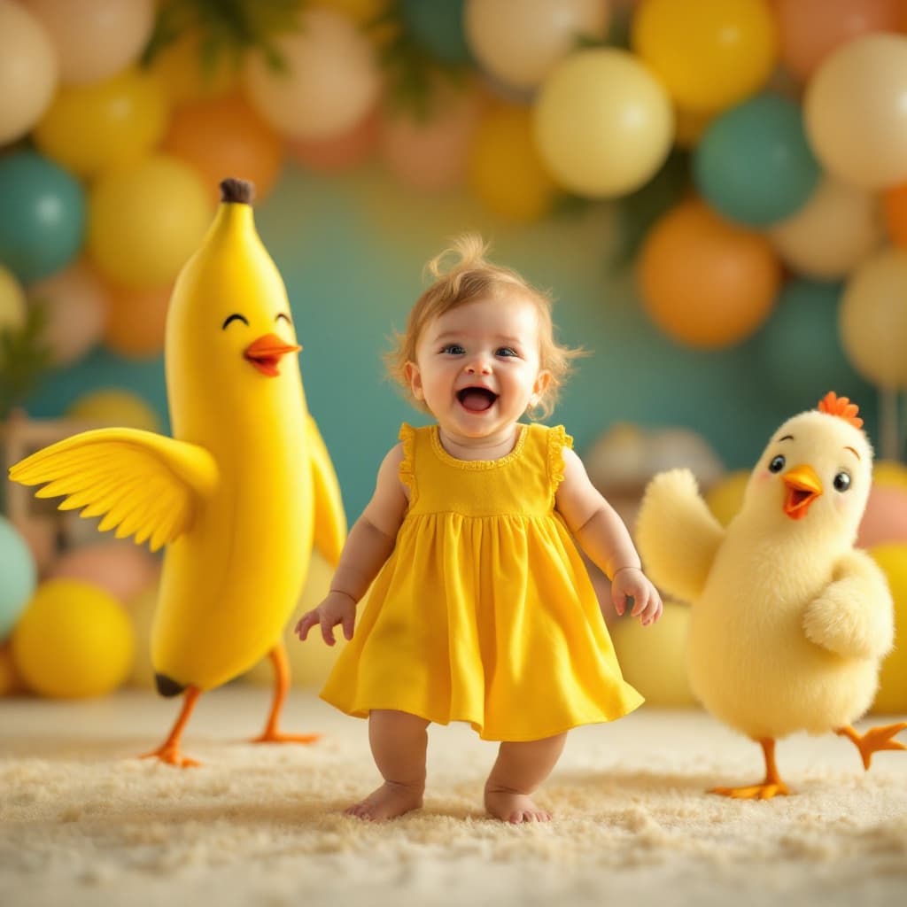 AI generated: "A super cute scene of a one-year-old baby wearing a bright yellow dress, joyfully dancing with a ha...