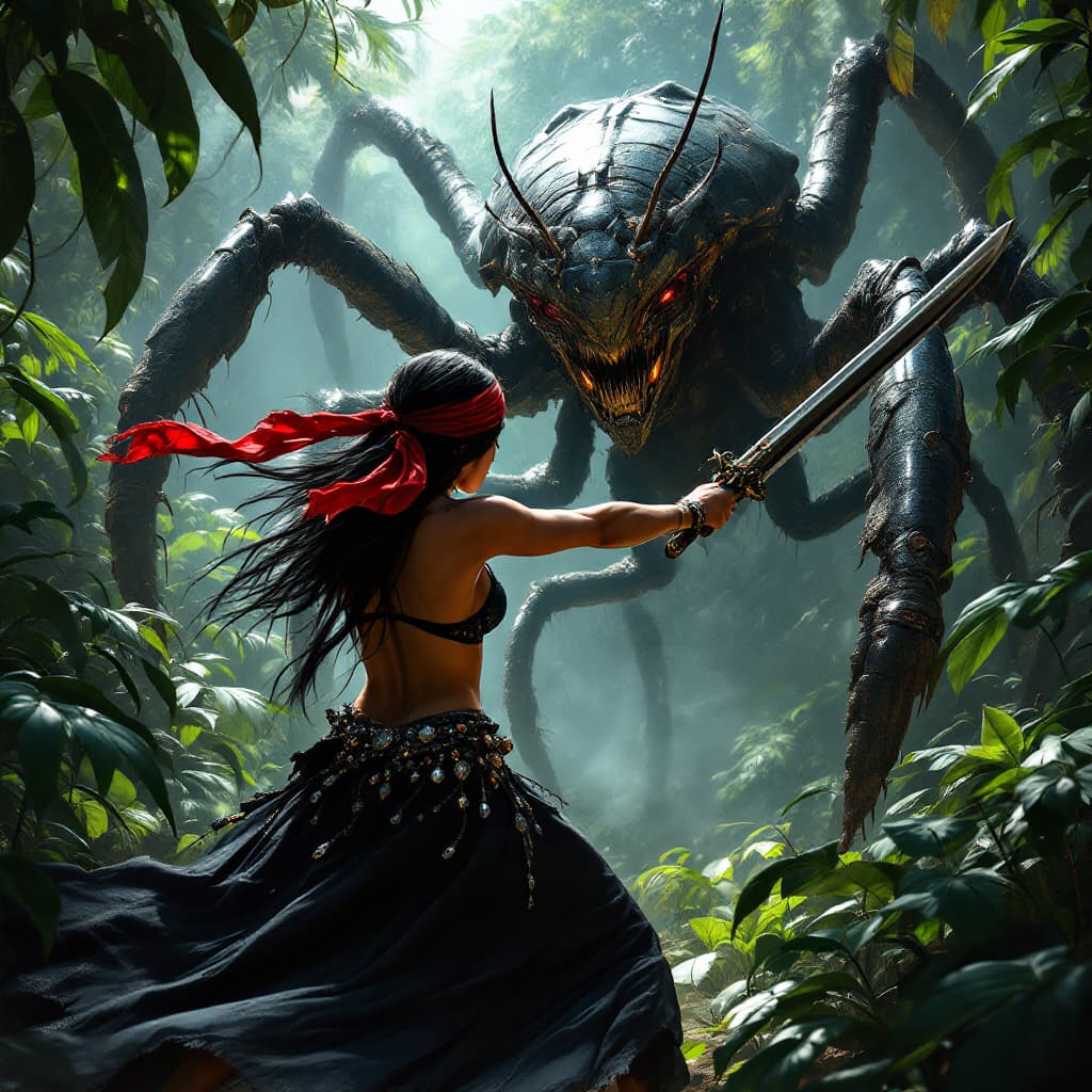 AI generated: A photorealistic and detailed scene of a woman, long black hair, red bandana, black bejeweled bra, a...