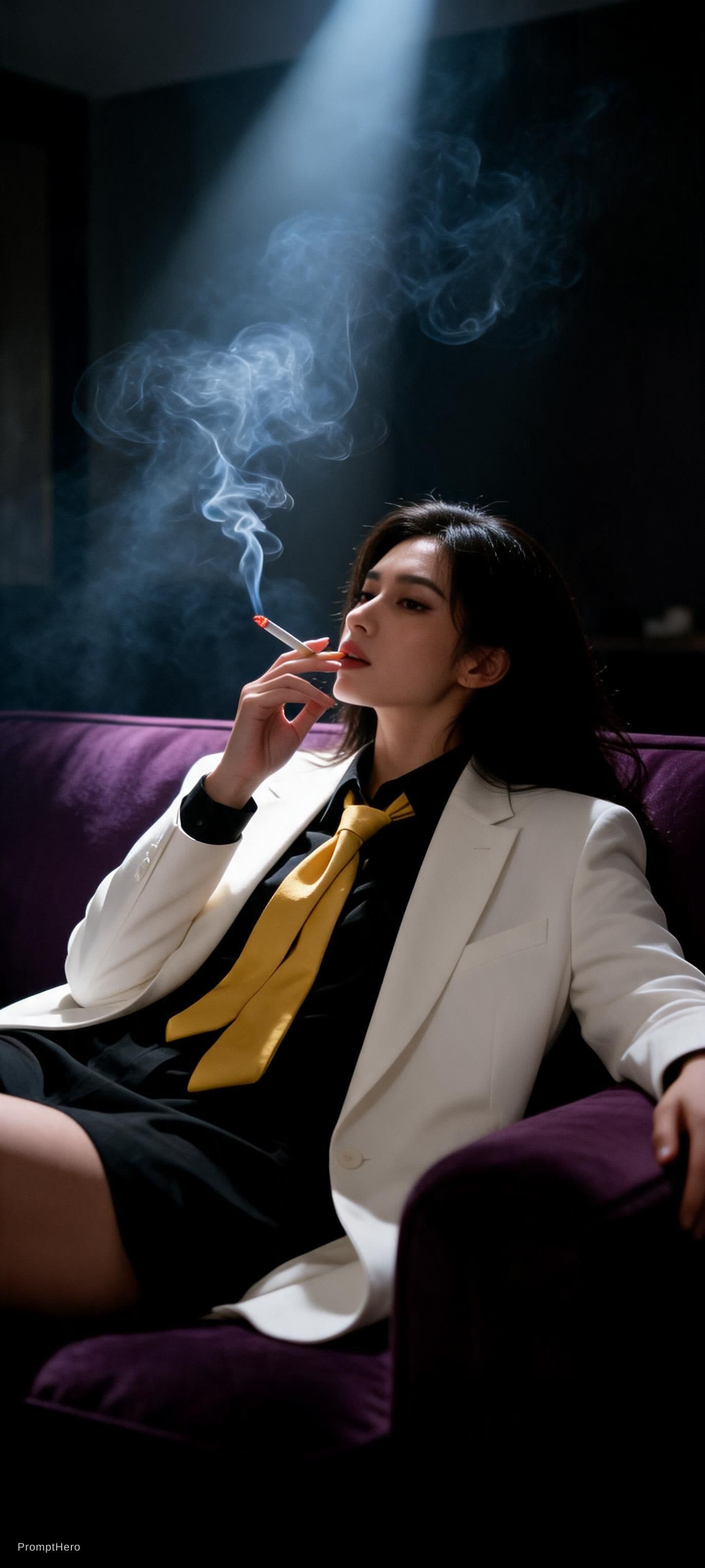 AI generated: snapshot, dimly lit room with a hazy atmosphere, capturing a female model lounging on a deep purple ...