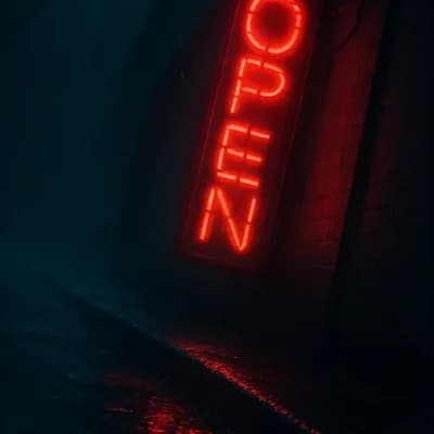 AI generated video: “2.39:1, 30 fps • DUTCH ANGLE: flickering neon sign looms over a rain-slicked curb • pulses erratica...