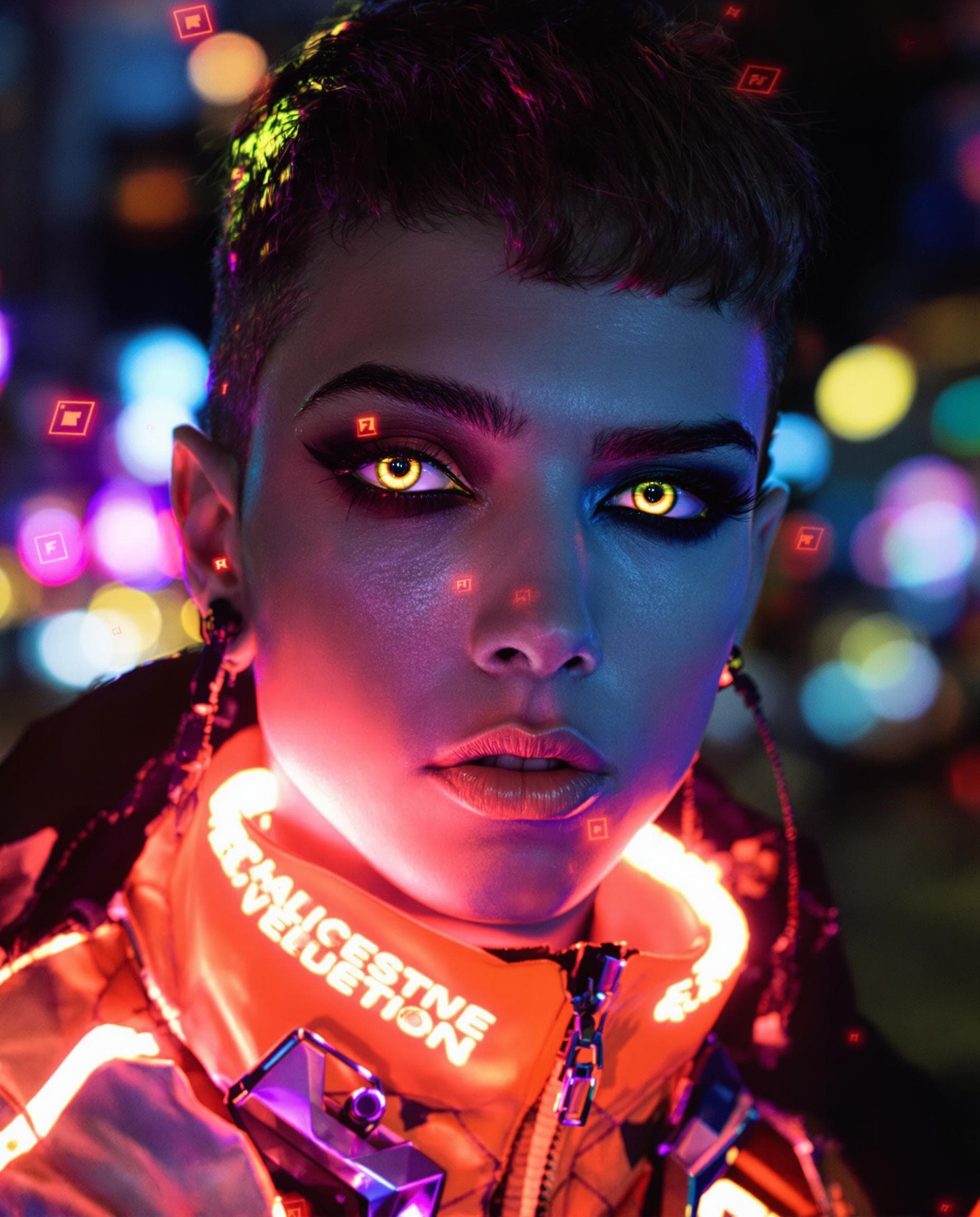 AI generated: close-up portrait of an edgy street style model with neon-colored eye makeup, focusing on intense bl...