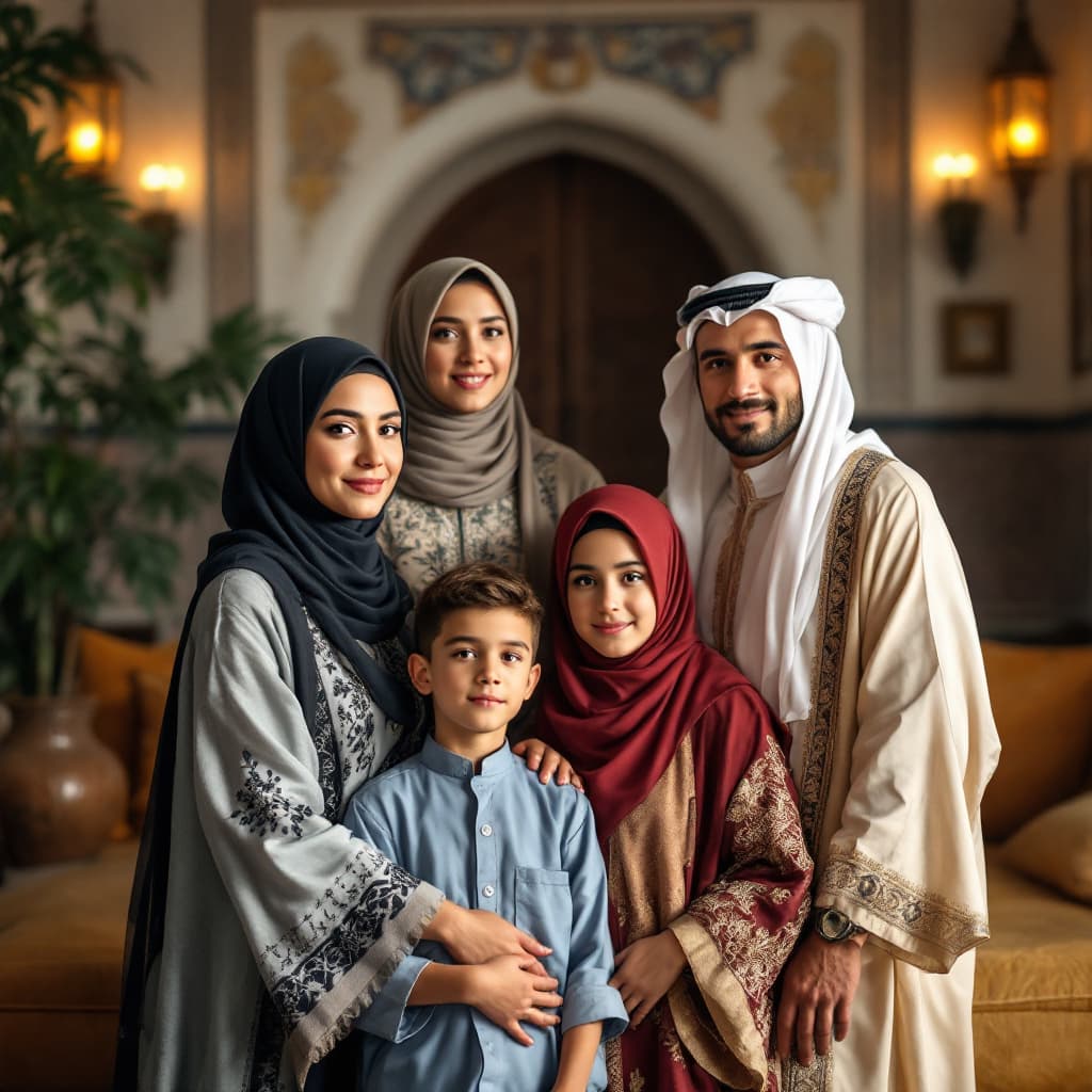 AI generated: A family of five poses for a photo in a riad in Fez, Morocco.  The family includes a father, a mothe...