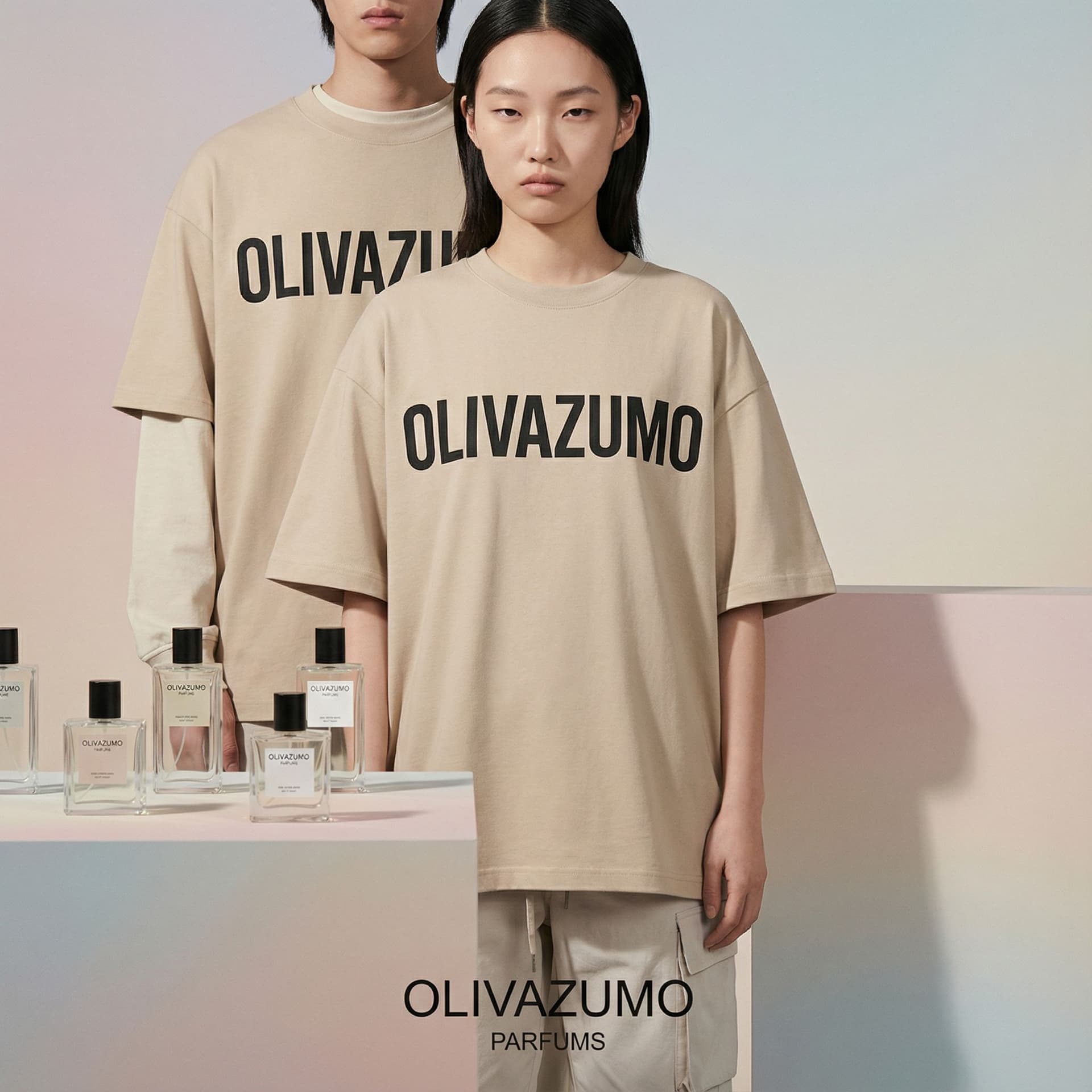 AI generated: An advert for a luxury perfume brand, minimalist fashion editorial photoshoot, 2 models wearing t-sh...
