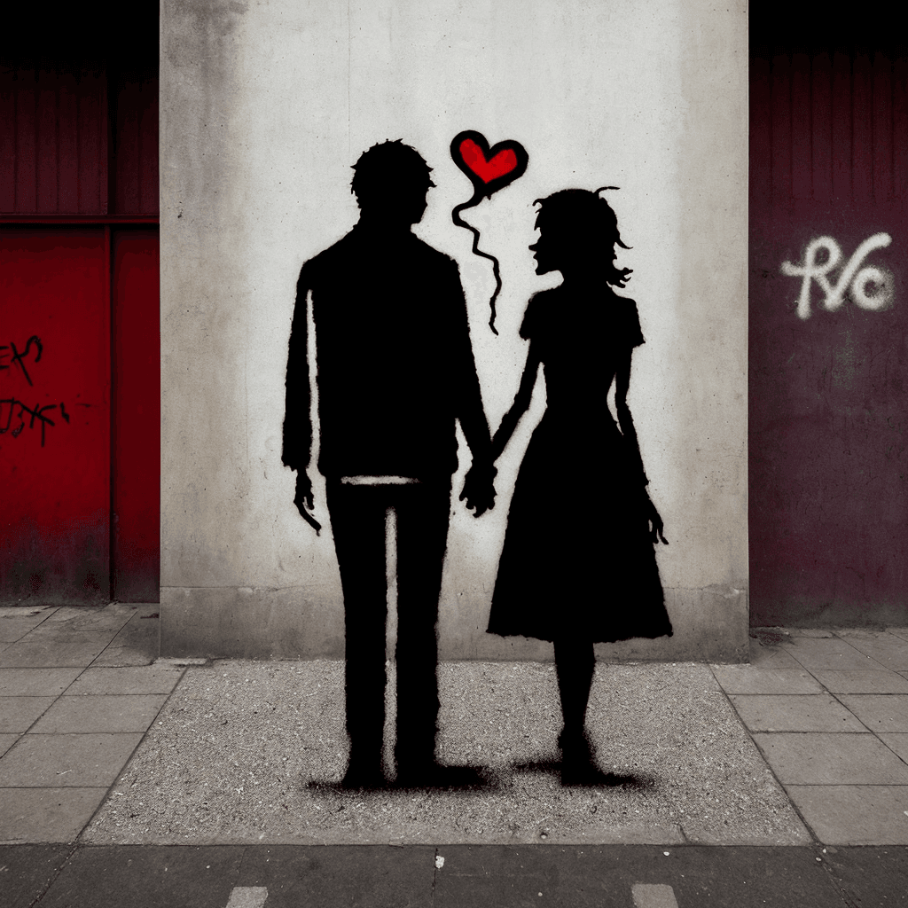 AI generated: In the of Banksy portrays a couple walking hand in hand down street, their faces replaced by symboli...