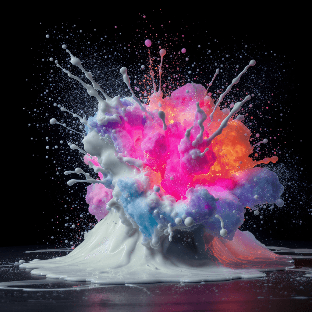 AI generated: explosion neon milky liquids flying around, black background studio light
