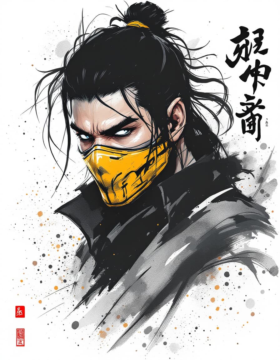 AI generated: 
Sub Zero from Mortal Kombat, ink artistic conception, with typography elements, abstract, complemen...