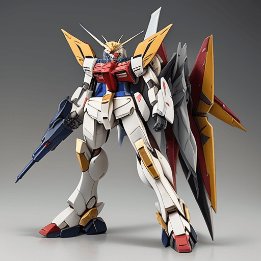 AI generated: generate the MG ASW-G-08 Gundam Barbatos standing next to the Wing Gundam and Exia Gundam