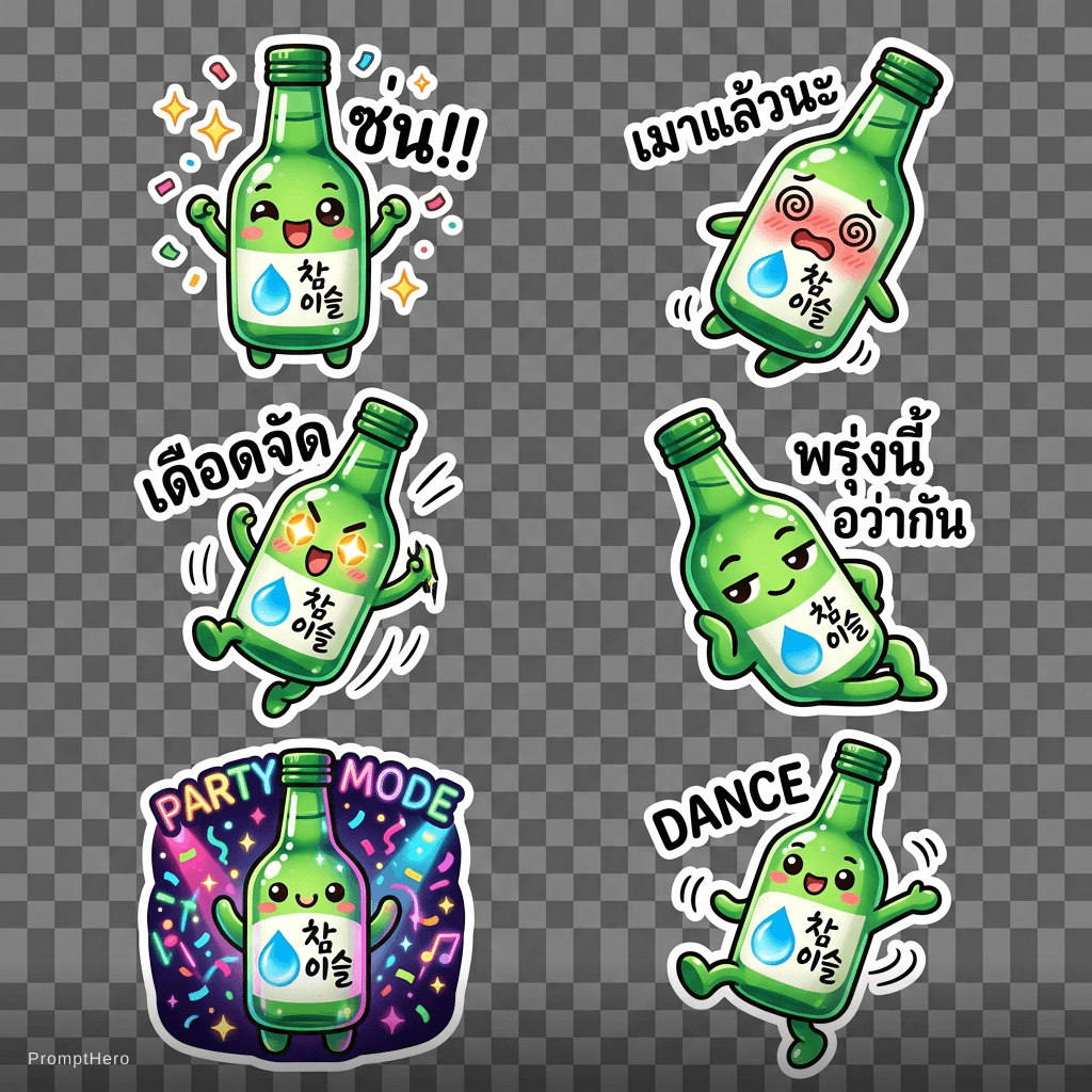 AI generated: turn this green bottle into a cute chibi party character, glossy glass texture, lively and playful, ...