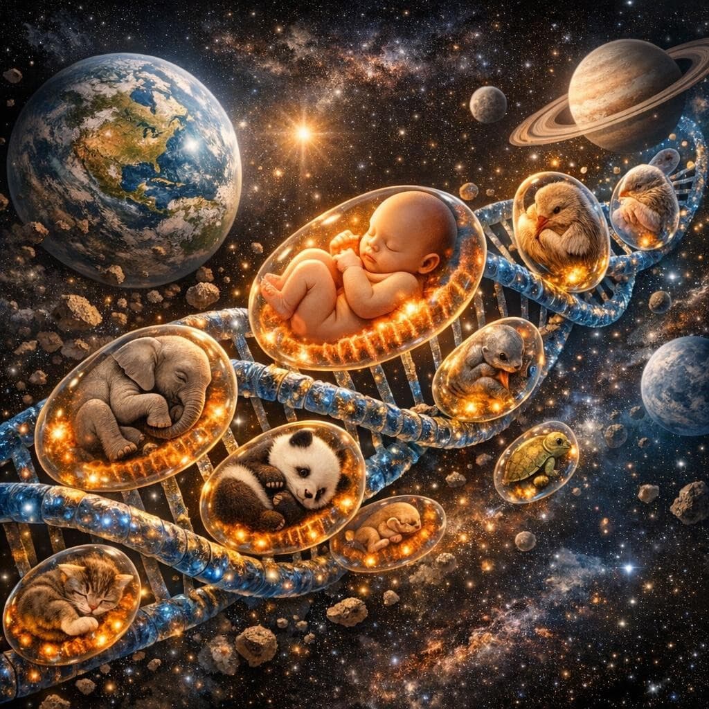 AI generated: mitochondria in the DNA pulsing through it in the form of young babies of all species of life on Ear...