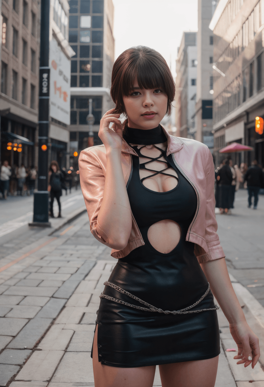 AI generated: a cute girl, 22 y.o, full-body, wide hips, sexy pose, minis skirt, posing on the street