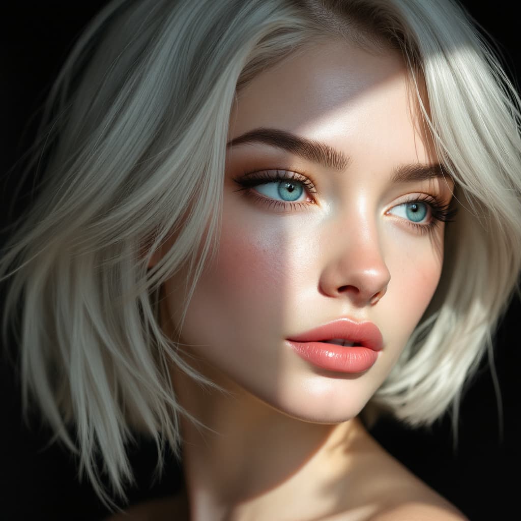 AI generated: A hyperrealistic woman with flawless, pale, porcelain skin and a soft, natural glow. Her almond-shap...