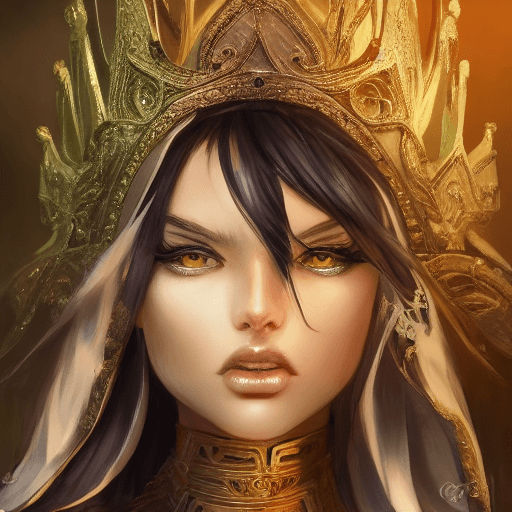 AI generated: 4k fantasy art, black haired woman with green eyes, tanned, with a golden crown in the hair, jewels ...