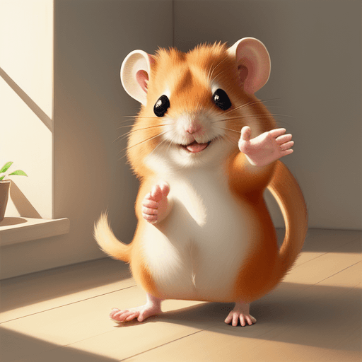AI generated: ginger hamster with its leg in a cast. it is smiling and waving.
warm lighting, happy mood. warm ton...