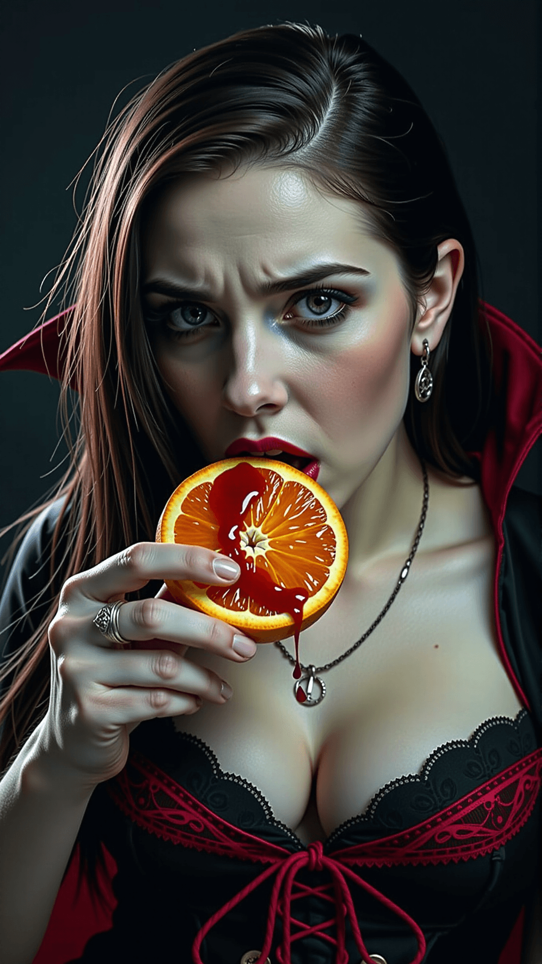 AI generated: Realistic photo of an attractive female vampire tasting a "blood orange," and looking deeply disappo...