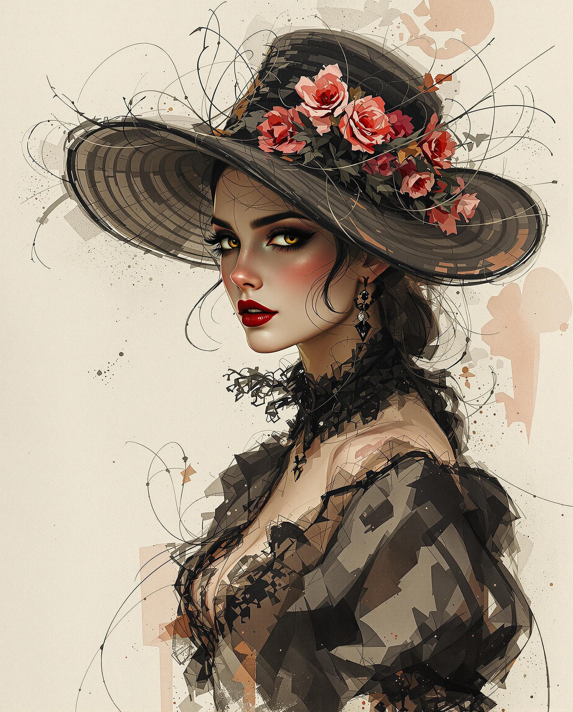 AI generated: Southern gothic woman, in old New Orleans with hat clothed in a historical costume, in vermelho carm...