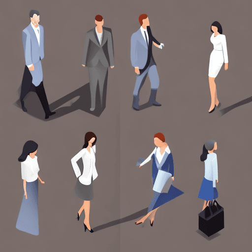AI generated: a series of business men&women are shown in isometric fashion, in the style of small brushstrokes, w...