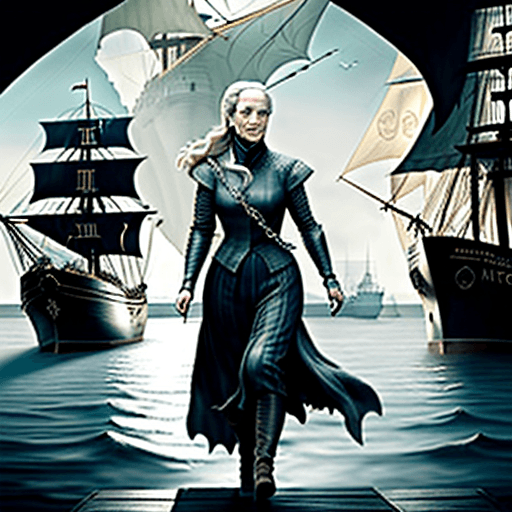 AI generated: Meryl Streep as a  Game of Thrones style rogue stalking through a waterfont city in the shadows of f...