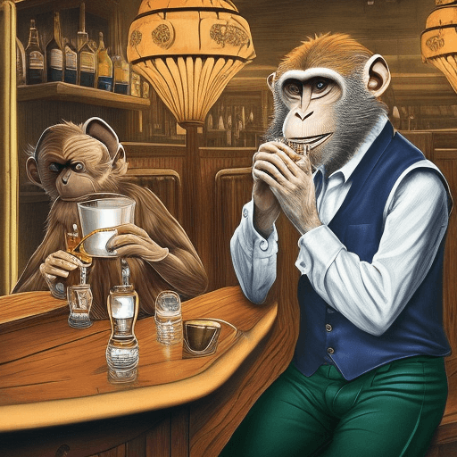 AI generated: An old dying monkey drinking whiskey in a bar. The place is very colorful and neat. There is a good ...