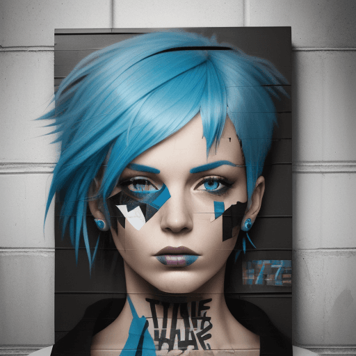 AI generated: woman with blue hair, in the style of multi-layered collages, edgy street art, celebrity-portraits, ...