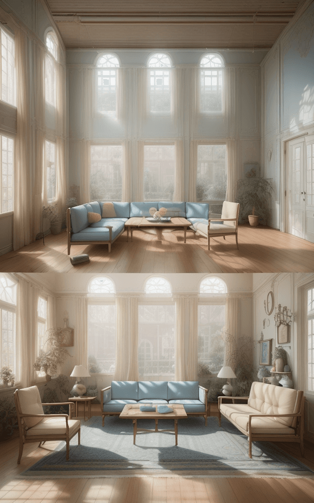 AI generated: High resolution photography interior design, dreamy sunken living room conversation pit, wooden floo...