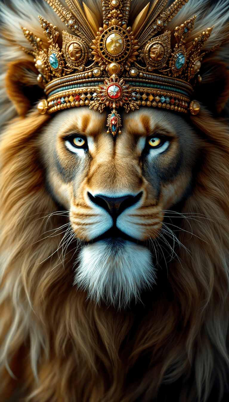 AI generated: Face of a angel lion, many accessories, detailled, King, face