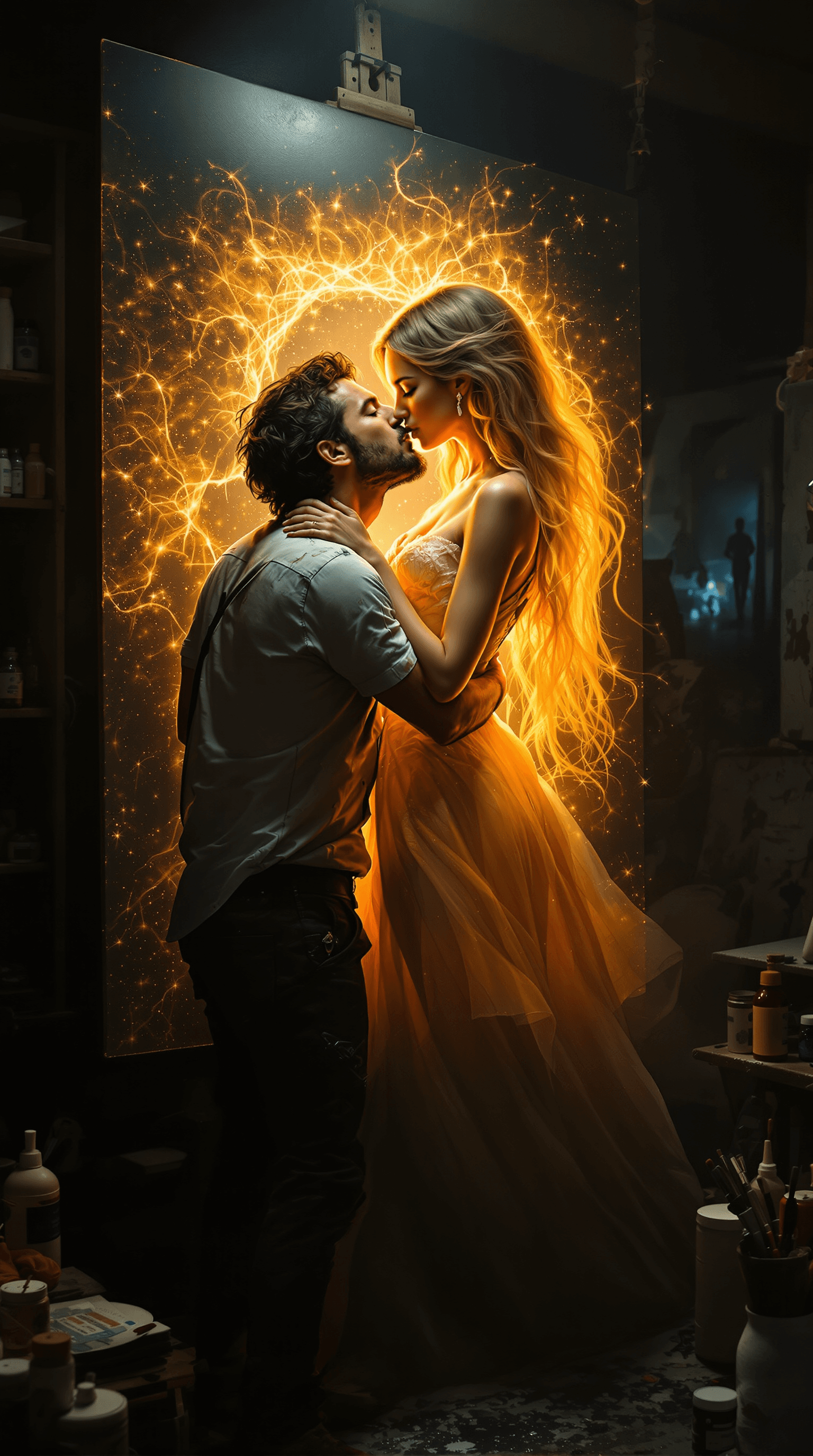 AI generated: A passionate, surreal moment in an artist’s studio where a rugged male painter, dressed in a slightl...
