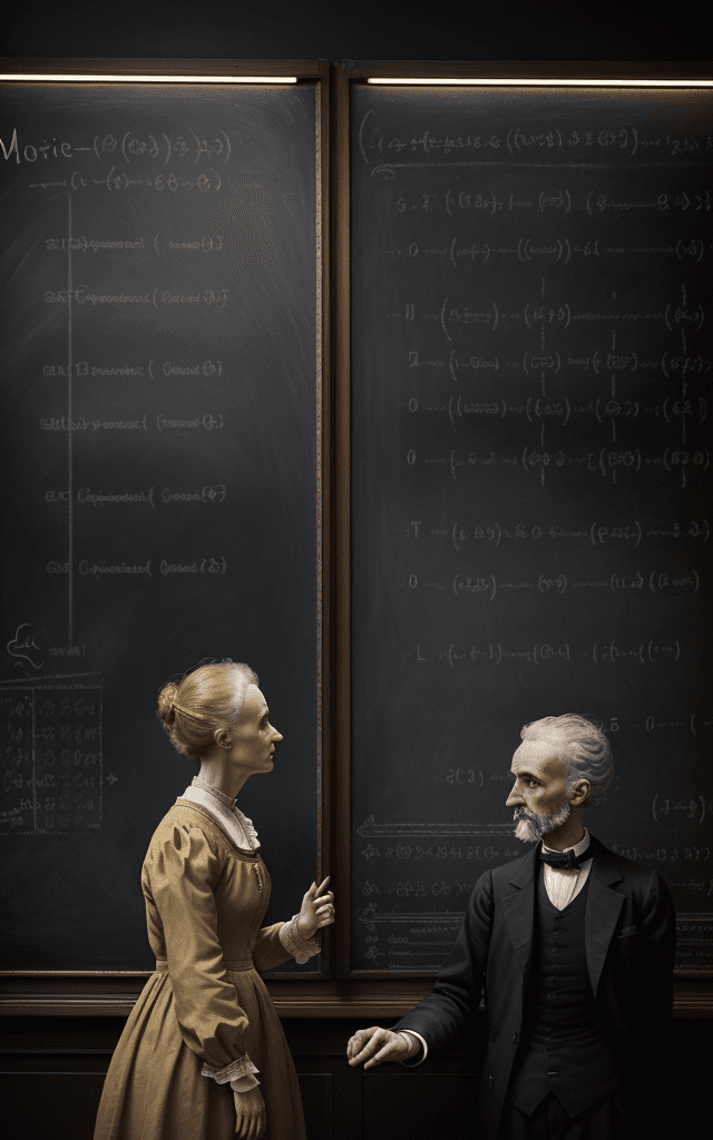 AI generated: This image should portray the significant moment when Marie Curie first met Pierre Curie. Set the sc...