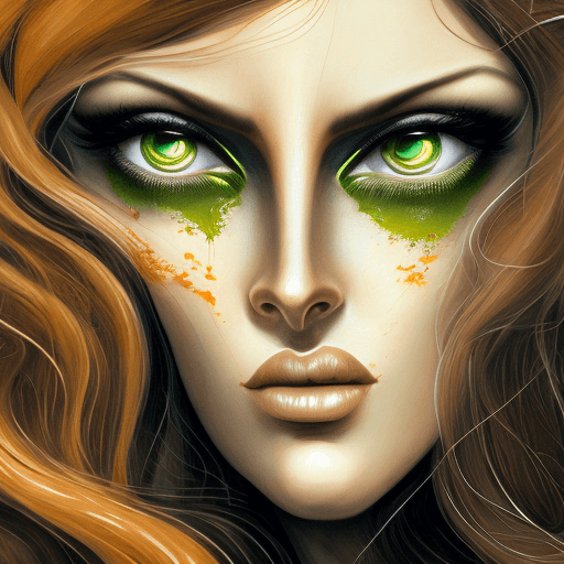 AI generated: an illustration of a woman with long brown hair, green eyes, in the style of ingrid baars, j. scott ...