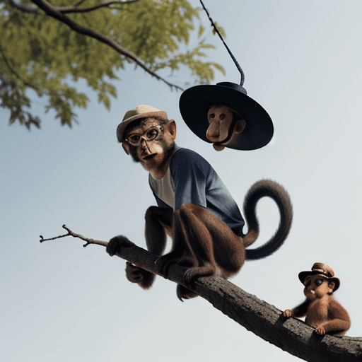 AI generated: a monkey hanging on a tree branch wearing a  shirt and hat and talk wtih the dog that wears a hat an...
