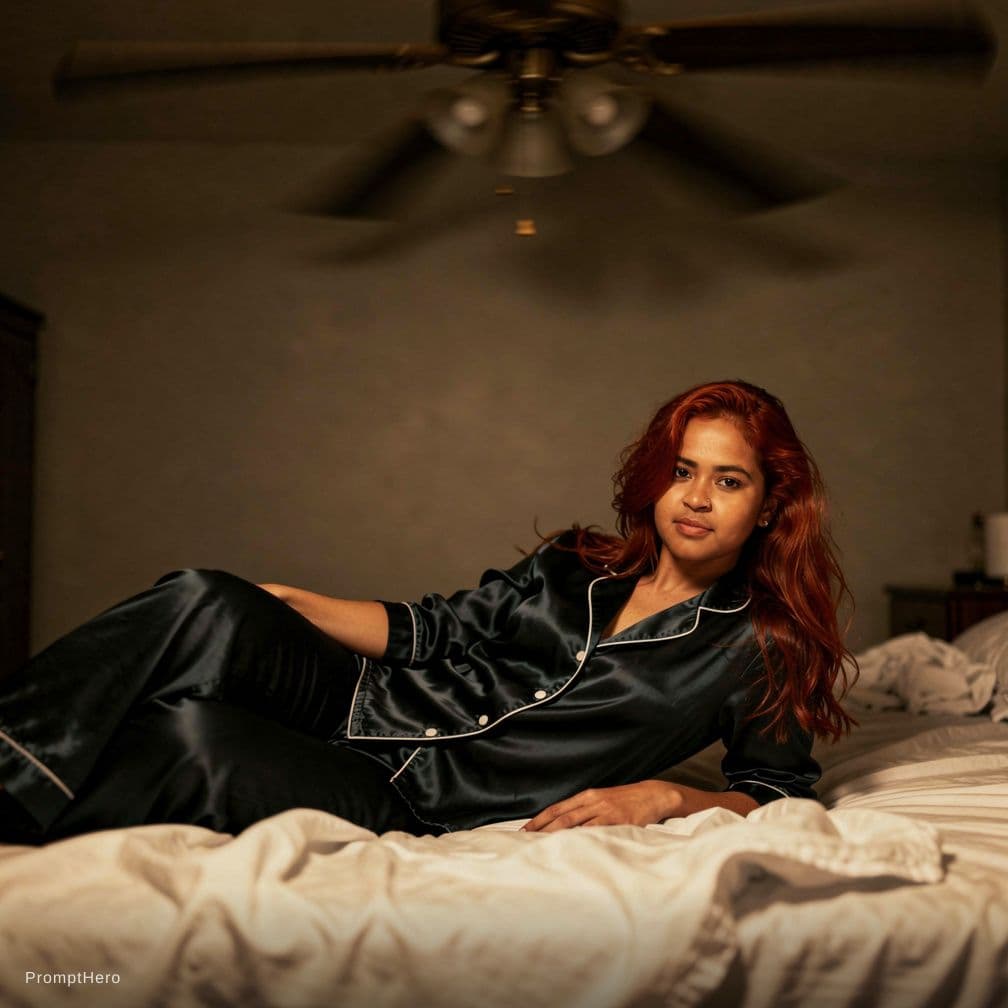 AI generated: A woman with long, tousled red hair cascading in loose waves over her shoulders lies sprawled across...
