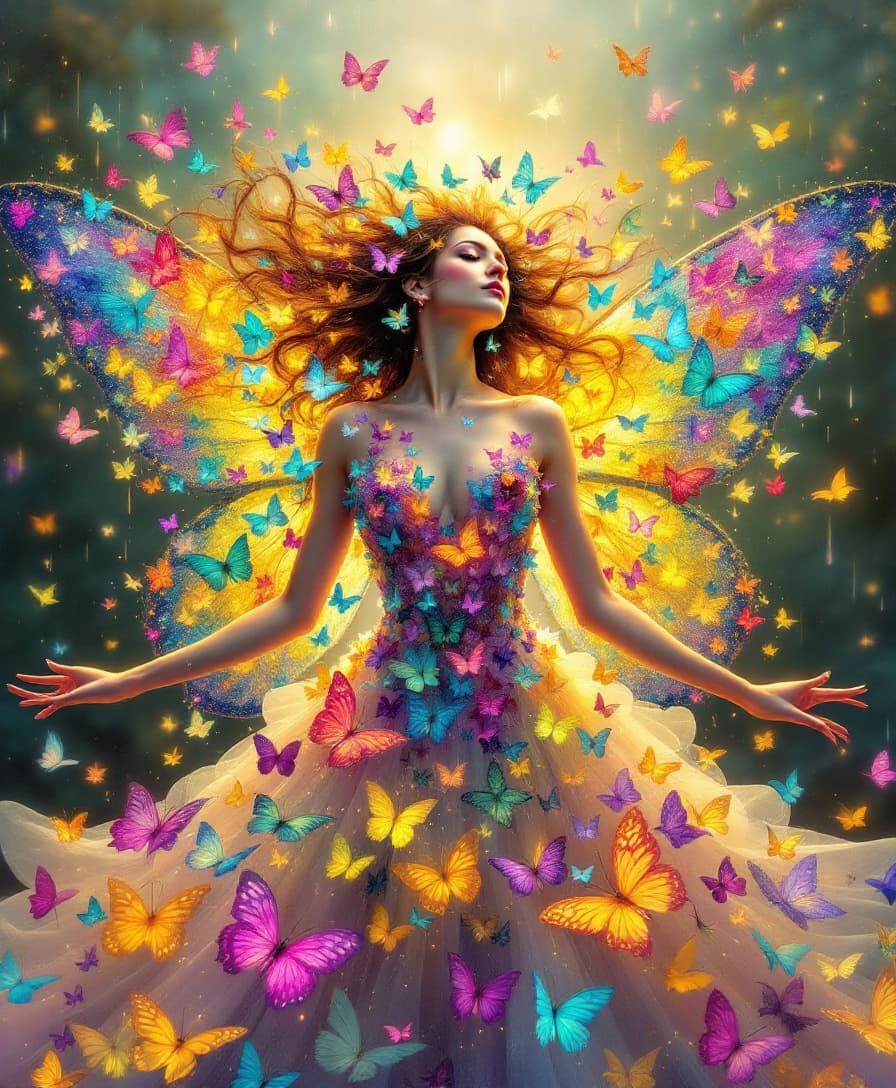 AI generated: Surrealistic butterfly woman wearing a dress made of colourful butterflies, luminous, magical, golde...