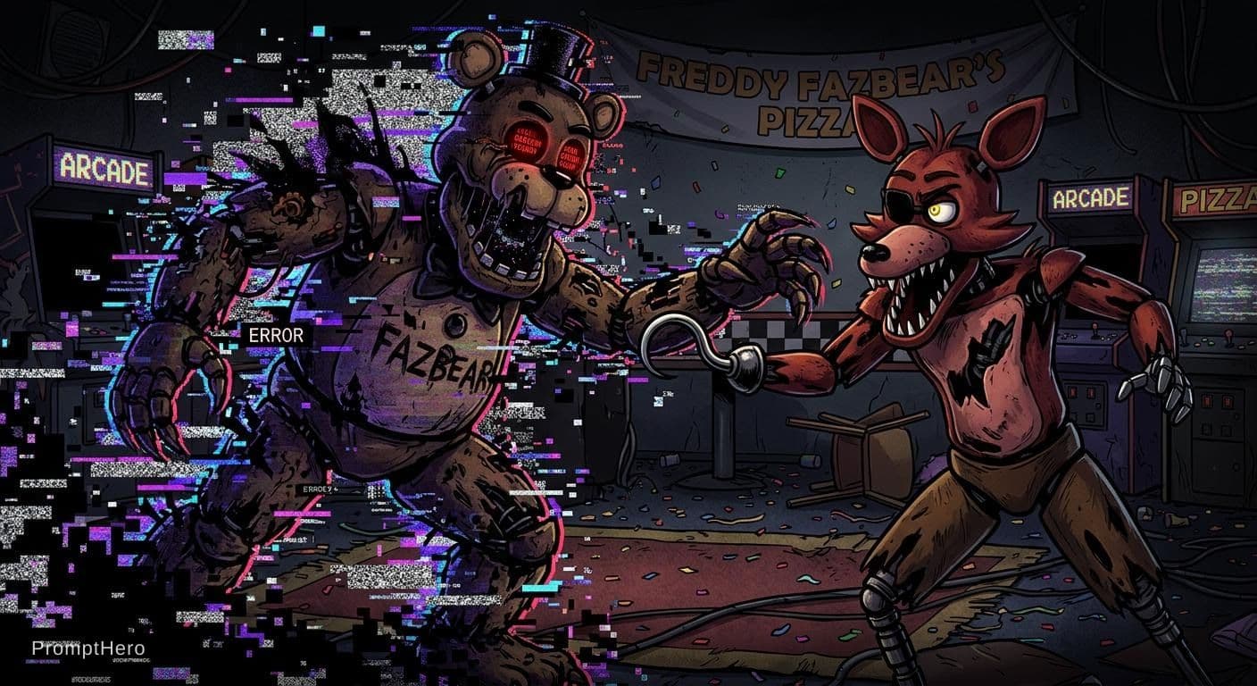AI generated: pibby glitch freddy fazbear vs nomal foxy

