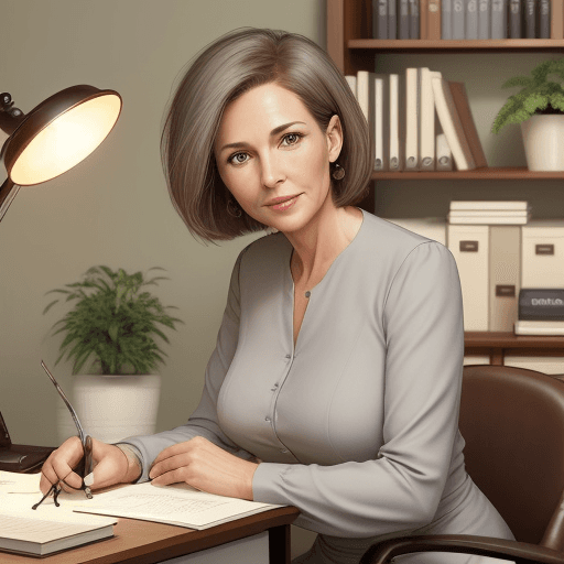 AI generated: hyper realistic photo, elegant 45-year-old woman sitting at her desk in personal office, round face,...