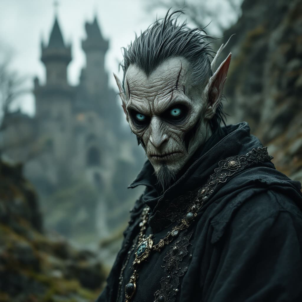 AI generated: hyper-realistic (fabled character tale) from the dark kingdom, a castle in the back. with detailed e...