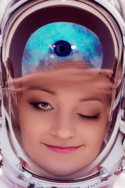 AI generated: close up portrait photo of a young astronaut girl, ((( sitting on a pink cloud))), full body , ultra...