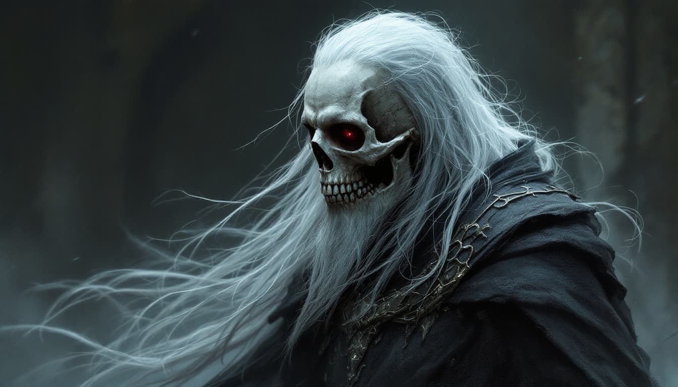 AI generated: art by Greg Rutkowski, digital art, ((full portrait of a skeleton king with a long gray hair)), gray...