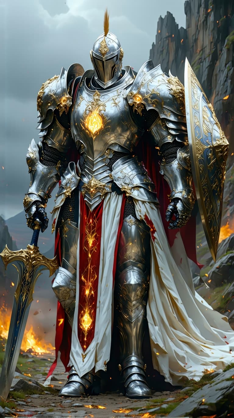 AI generated: An ultra-realistic, zoomed out, front facing, full-body portrait of a noble Paladin in gleaming silv...