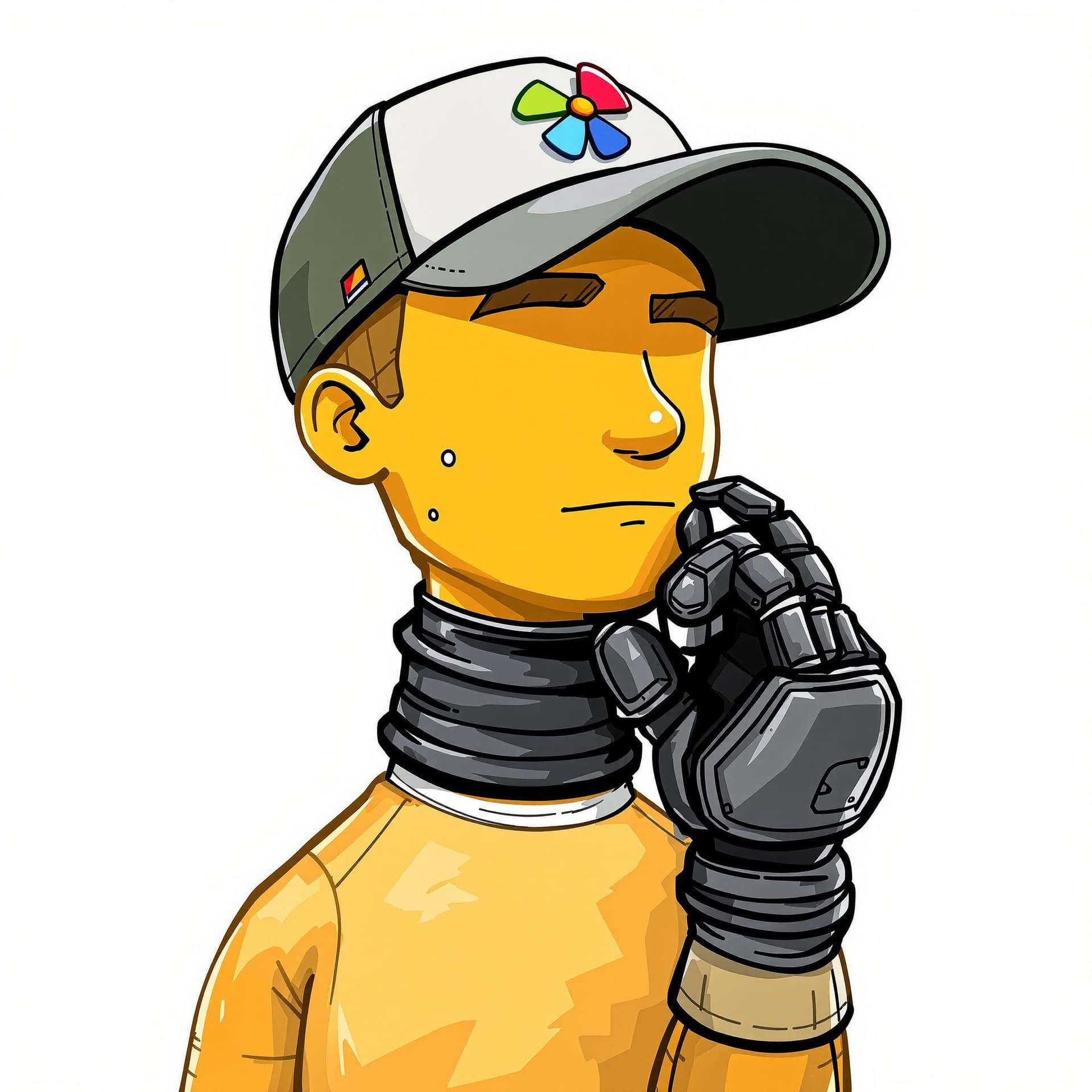 AI generated: Anyman Fred, Yellowish skinned cartoon head, no torso, baseball cap with small alternating multicolo...