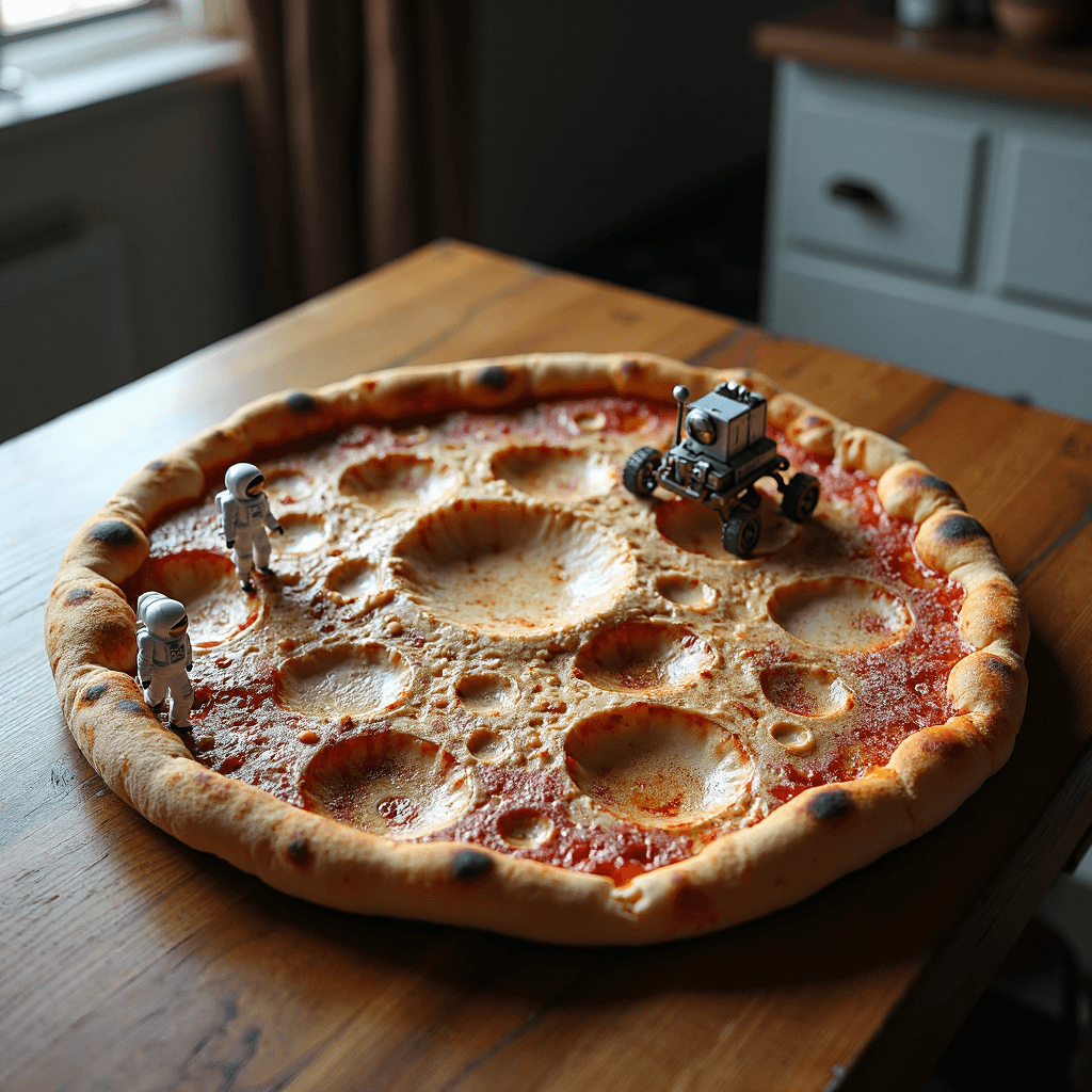 AI generated: A pizza sits on a wooden table, but its surface is transformed into a miniature lunar landscape. Cra...
