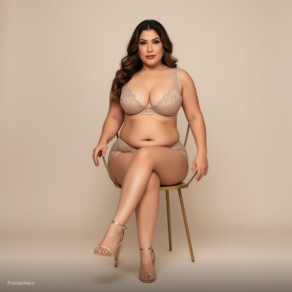 AI generated: Macromastia  busty Mexican woman, wearing lingerie and high heels, legs crossed 