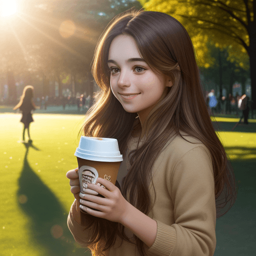 AI generated: long brown haired girl, sunny day in park, she holds a takeaway coffee in his hands, sunrise, in lig...