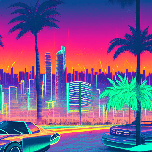 AI generated: A neon-lit cityscape at sunset, featuring iconic '80s elements like palm trees, a sports car, and fu...