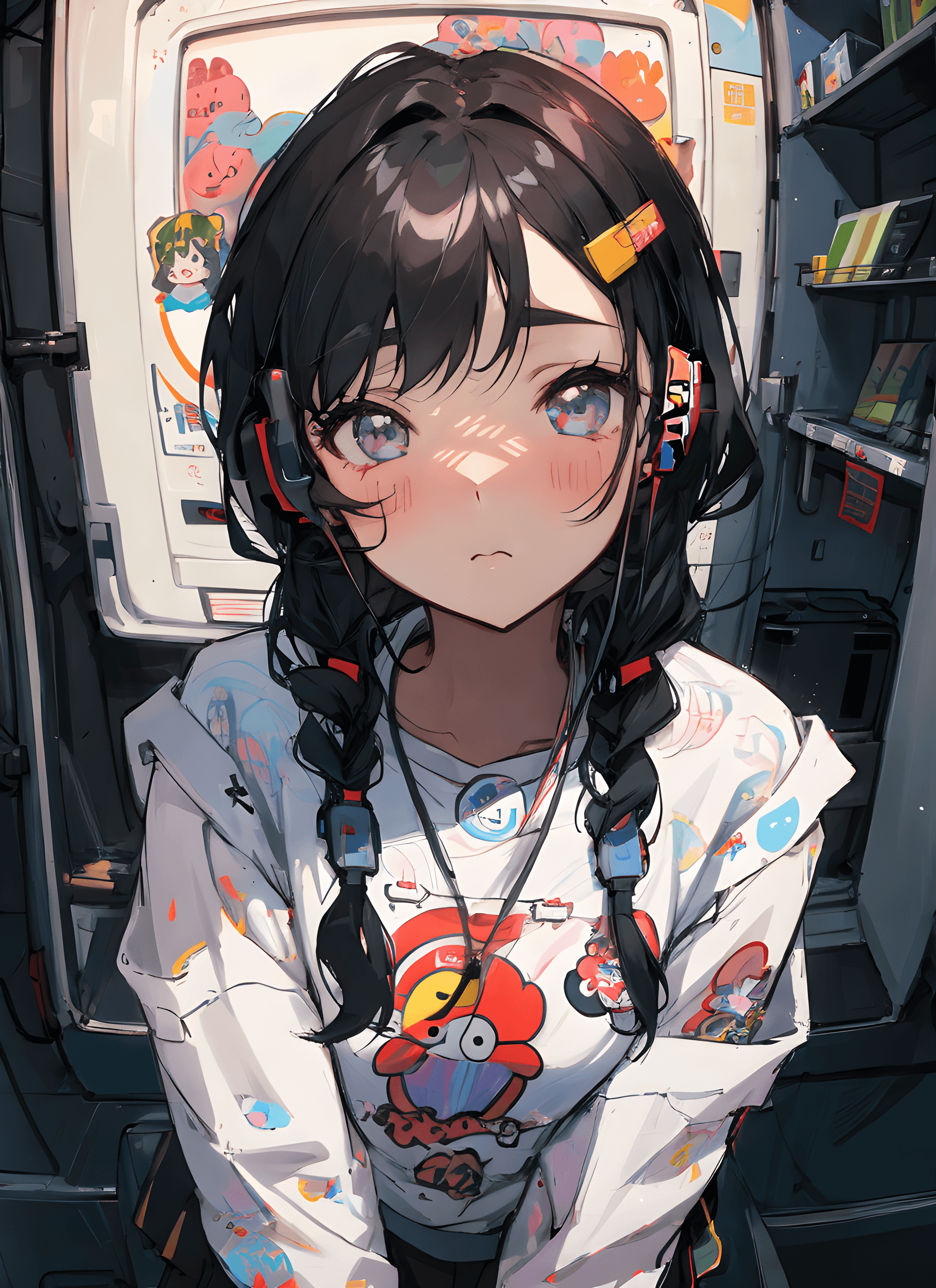 AI generated: a girl with long black hair standing in front of a refrigerator, inspired by Hikari Shimoda, pixiv, ...