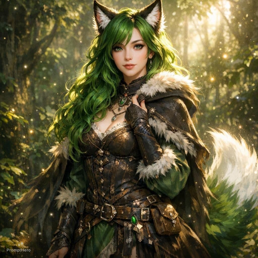 AI generated: award winning digital art of a beautiful woman with fox ears with white tips and tail, (green hair),...