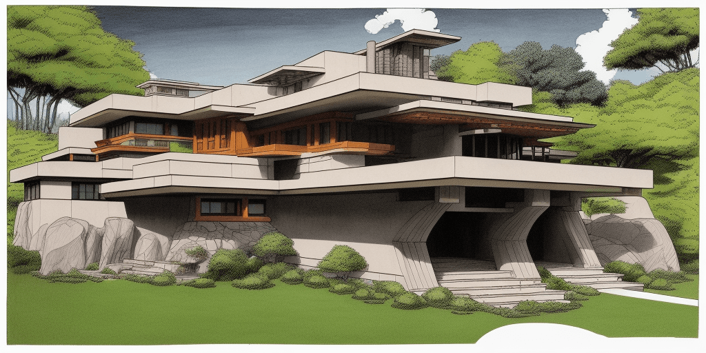 AI generated: Detailed pen and ink illustration of the falling water house by Frank Lloyd Wright in the style of t...
