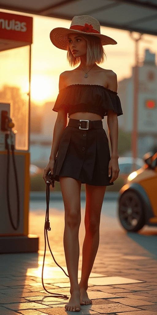 AI generated: Full body front view of a stylish beautiful girl out of a future gasstation store, near a air cushio...
