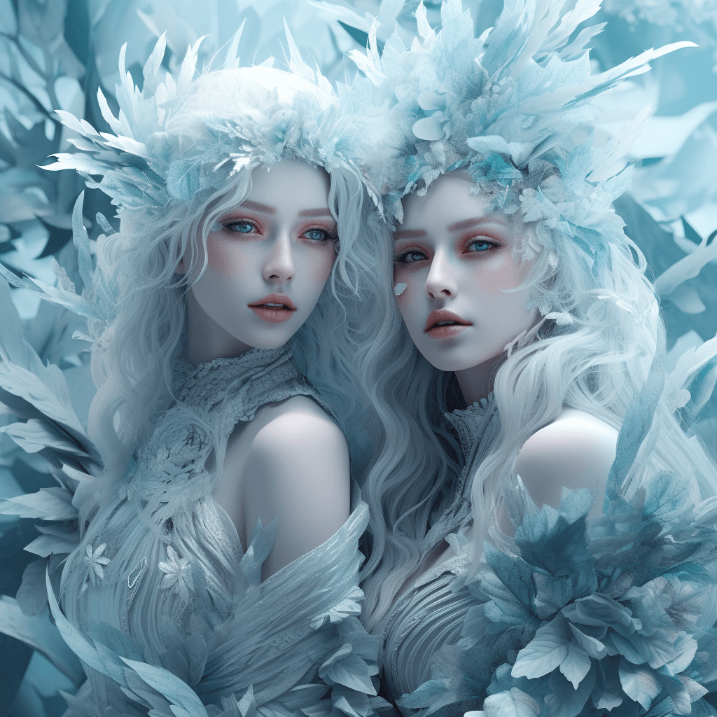 AI generated: Ice women by rhinese, in the style of ethereal foliage, fantasy - based, maranao art, cyan, 8k 3d, r...