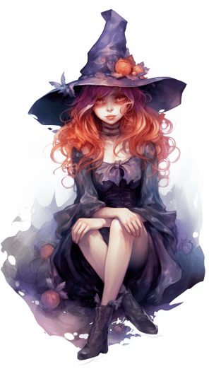 AI generated: purple witch wearing a hat with red hair, in the style of aquarellist, full body, anime art, airbrus...